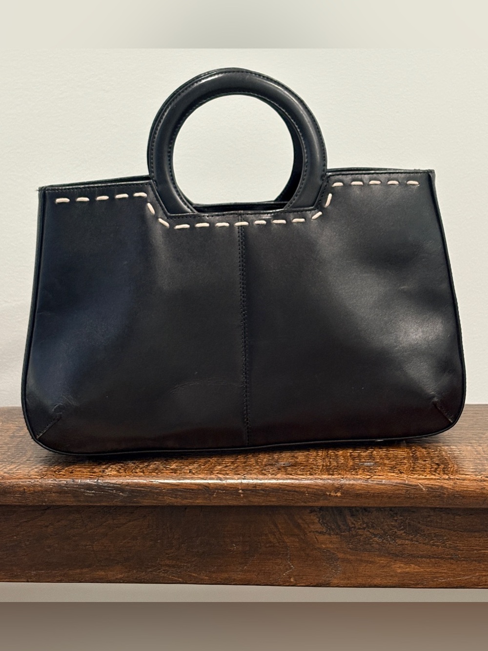 Vintage Black Leather Cutout Top Handle Handbag Y2K Contrast Stitch 13x8” - Picture 5 of 16